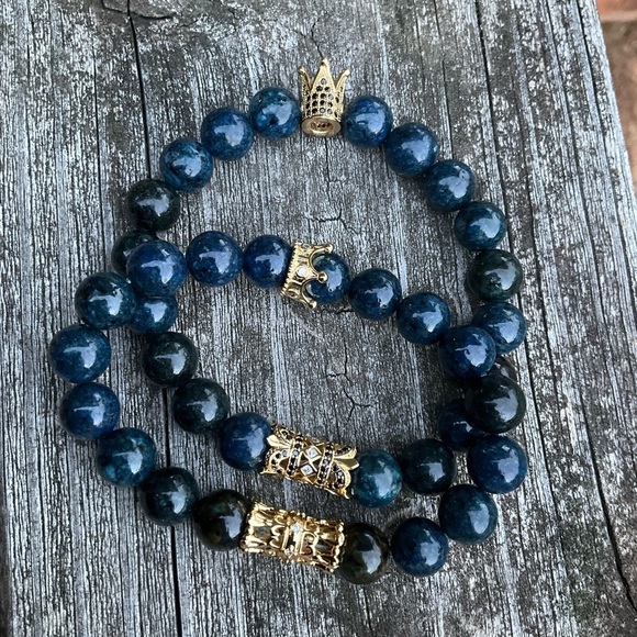 Hand Crafted Couple’s 2 Bracelets Blue Gemstone Pave King Queen Crown Rhinestone - Picture 7 of 11